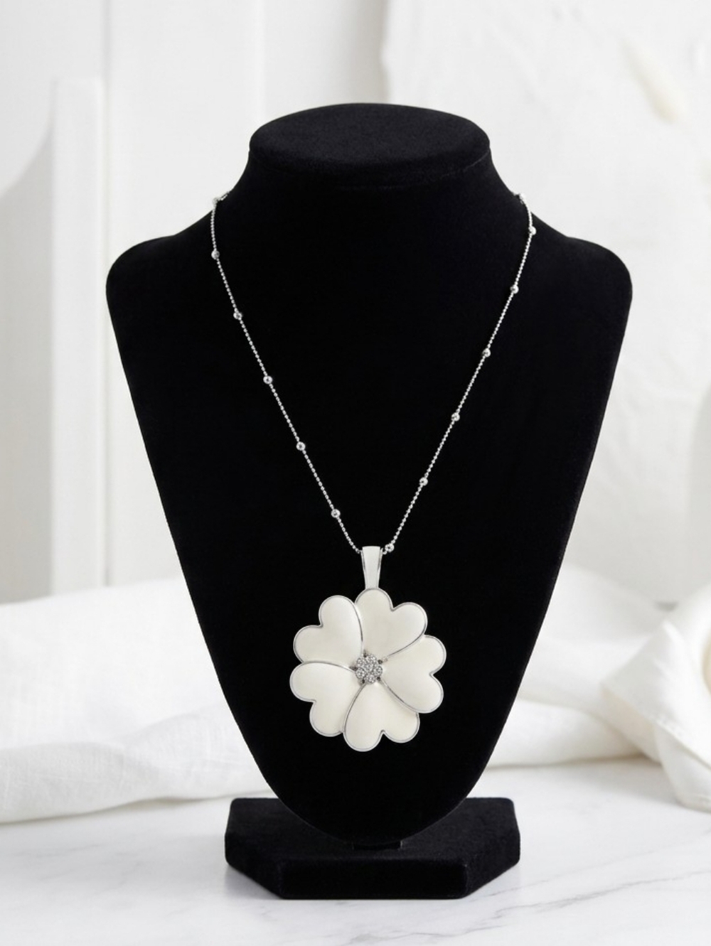 Lia Sophia Lucky in Love Necklace Retired White Enamel Heart Flower Pendant